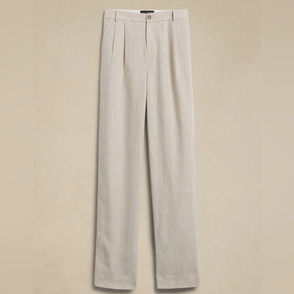 NEW! Banana Republic Natural Beige Palma Straight-Leg Linen Pant - Size 14 🖥️3️⃣